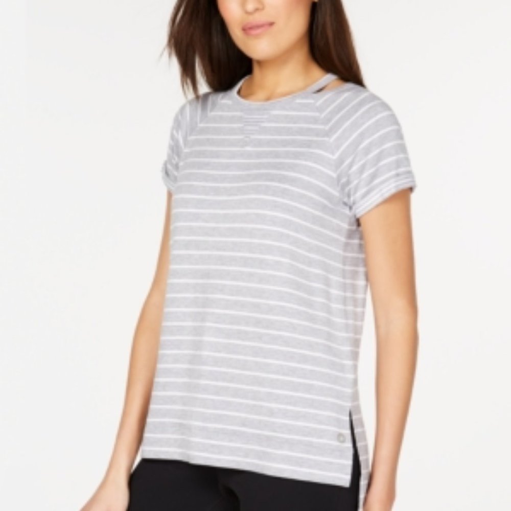 Performance Striped Cuffed High-Low Hem T-Shirt